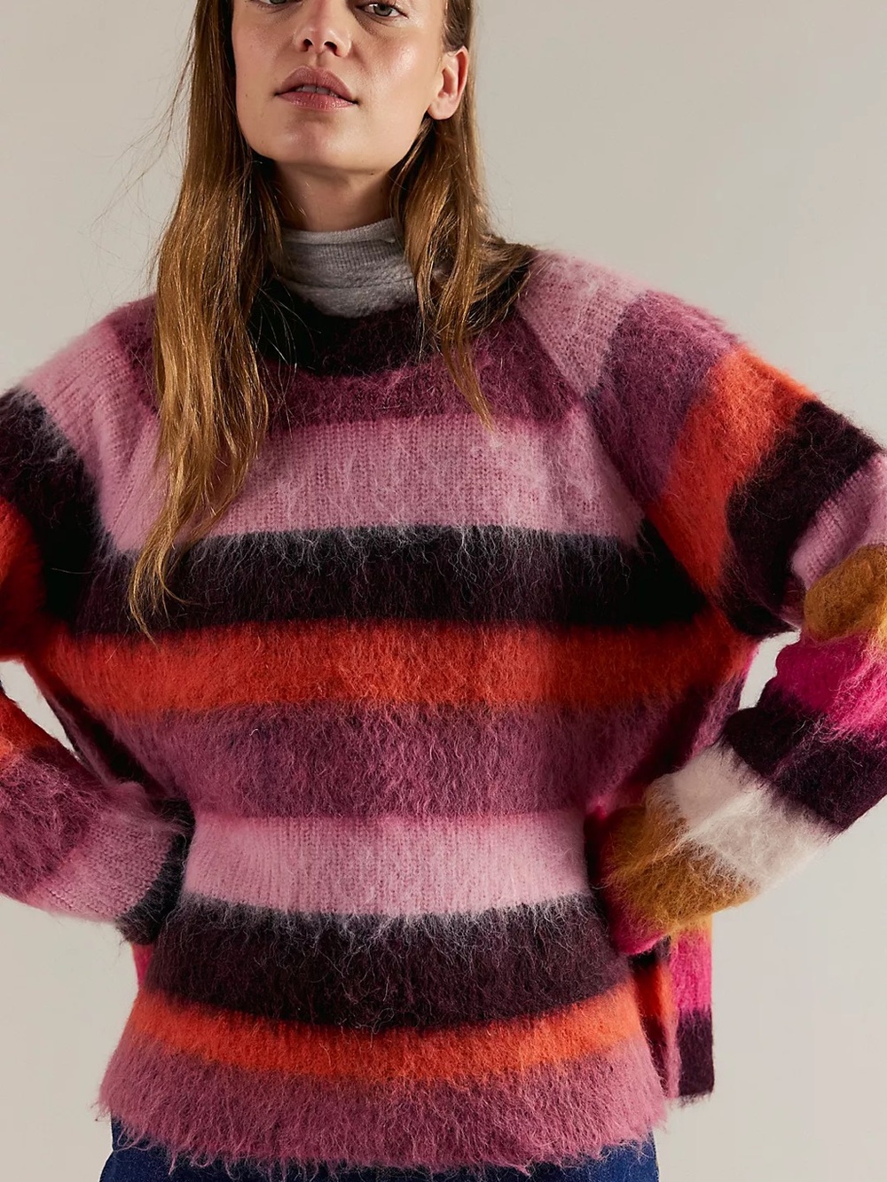 Free People Fuzzy Striped Crewneck Sweater - Pink, Red, Brown, Black, Cream
